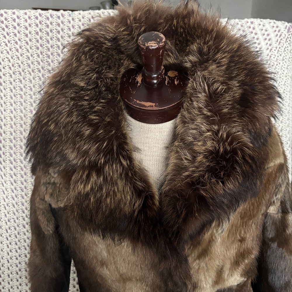 Vintage Mandel's Raccoon Fur Patchwork Leather Pea Coat Women's Size L- XL Brown - Picture 7 of 12